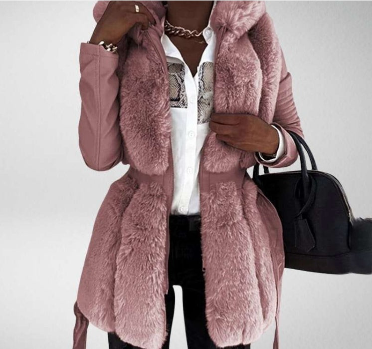 Fur Belt Hooded Zipper Women's Jacket
