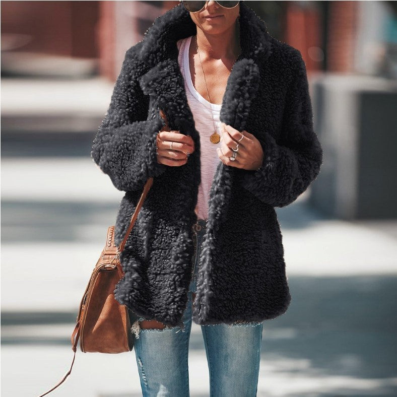 Lapel Long Sleeve Fluffy Furry Faux Fur Woman's Jacket