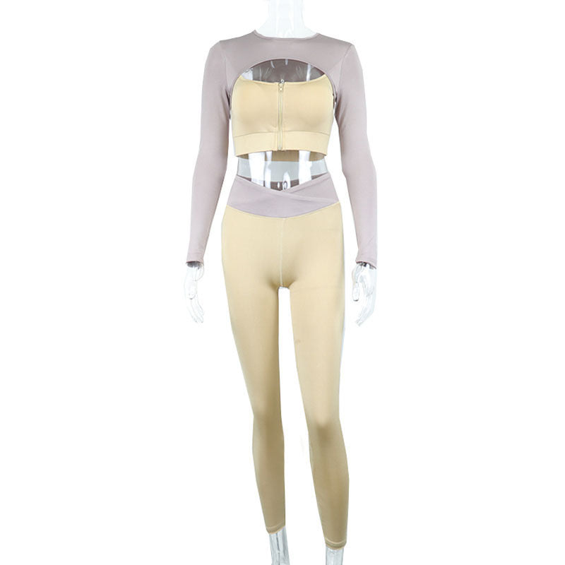 Pure Color Sports Round Neck Zipper Long-sleeved T-shirt Trousers Yoga Wear