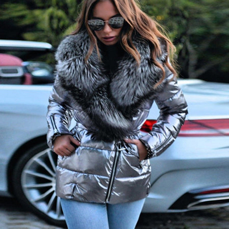 Big Fur Turndown Collar Silver Waterproof Jacket