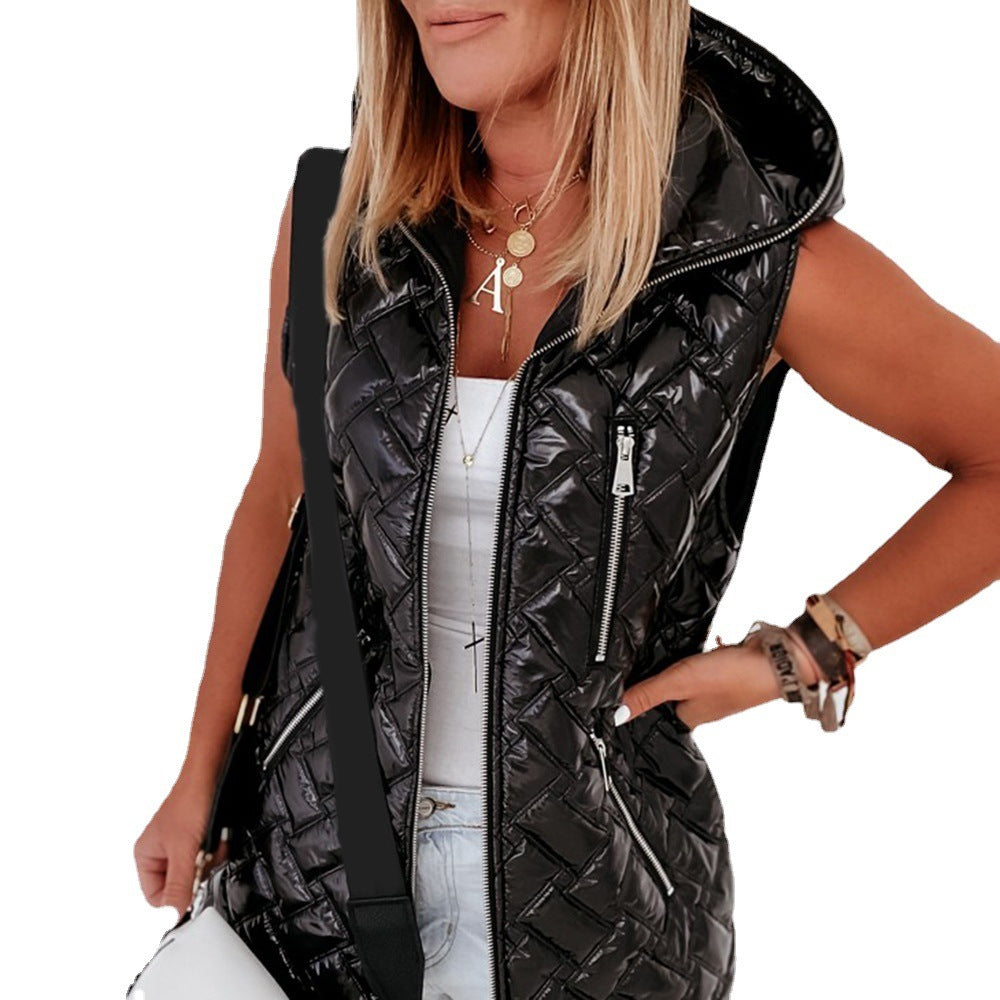 Sleeveless Pocket Zipper Hooded Jacket