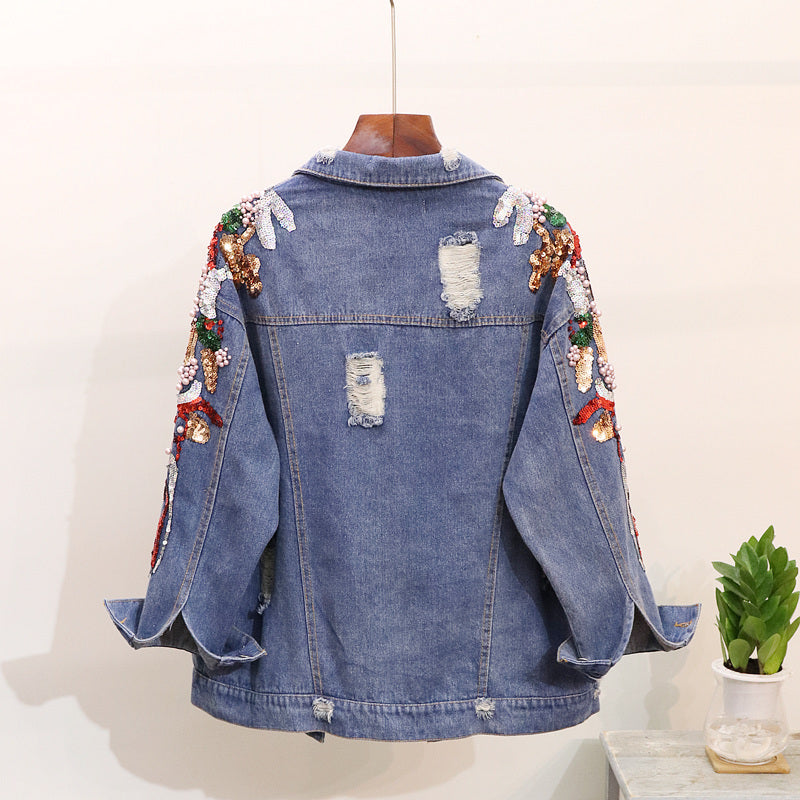 Embroidered Beaded Sequins Slimming Denim Women's Jacket