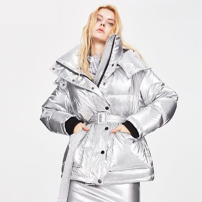 Slim Belt Silver Shiny Parka Women's Jacket