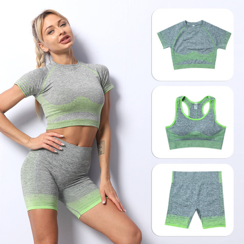 Bra With Cup Racer Back Striped Seamless Short-Sleeved Shorts Yoga Wear