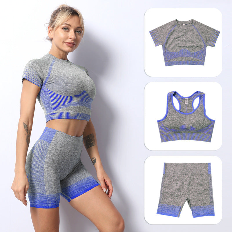 Bra With Cup Racer Back Striped Seamless Short-Sleeved Shorts Yoga Wear