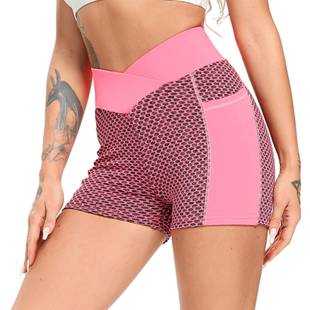 Honeycomb Jacquard Yoga Shorts Women High Waist Side Pockets