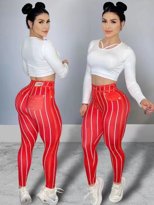 Denim Line Printing High Waist Yoga Pants