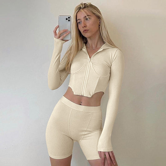 Two-piece Fashion Ladies Long-sleeved Top And Tight Shorts