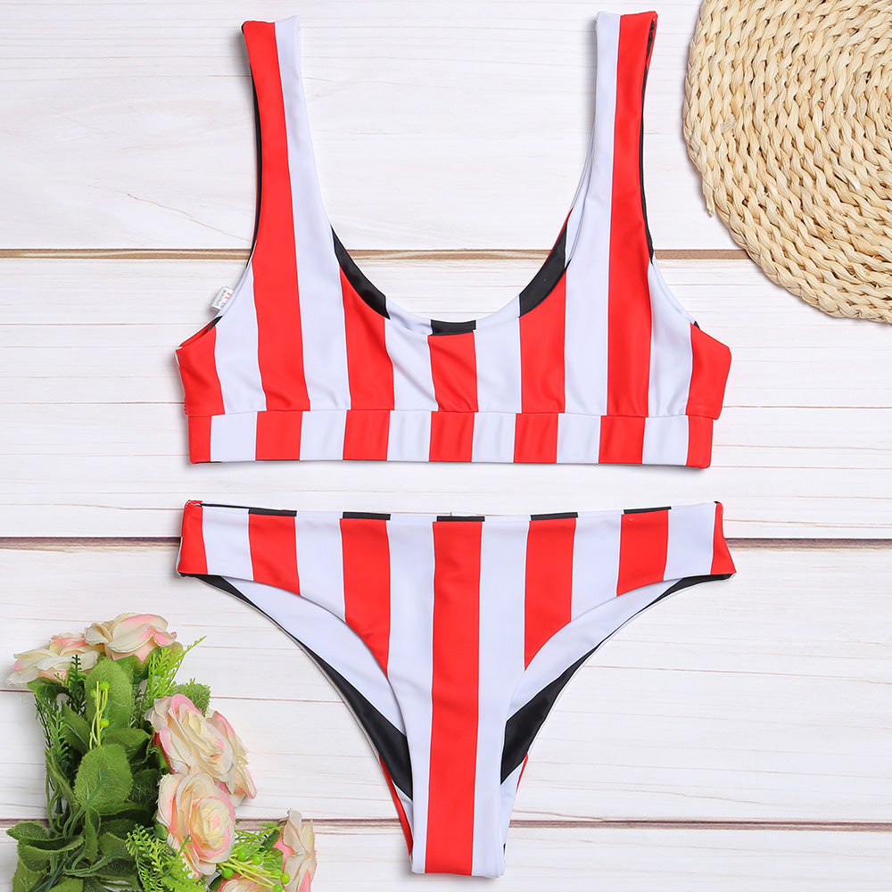 Summer Beach Scoop Neck Backless Stripe Female Bikini Set