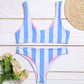 Summer Beach Scoop Neck Backless Stripe Female Bikini Set